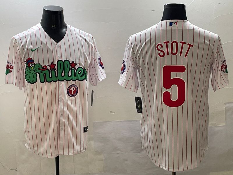 Men Philadelphia Phillies #5 Stott White Stripe Three generations Joint Name Game 2025 Nike MLB Jersey style 5